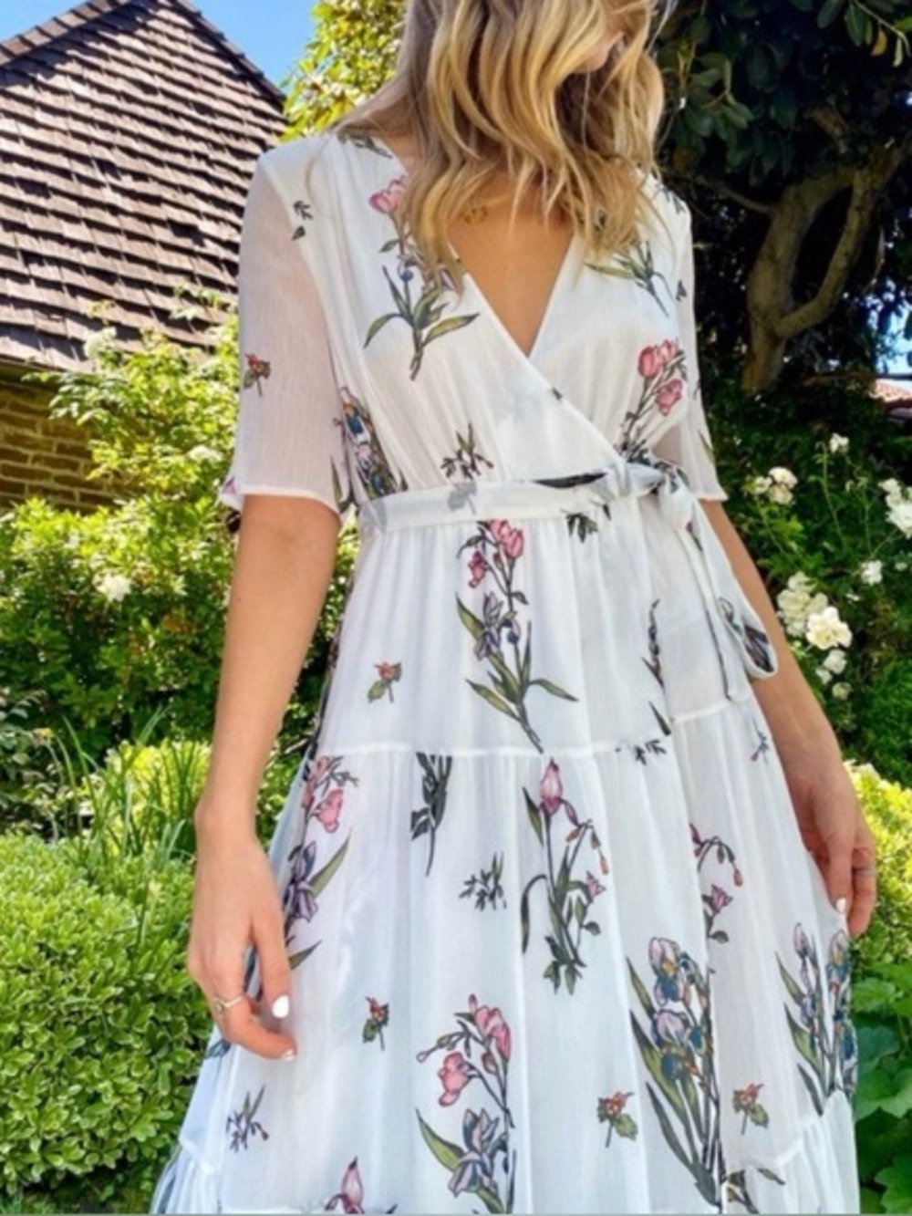 Roller Rabbit White Floral Wrap Maxi Dress with Pink and Green Print